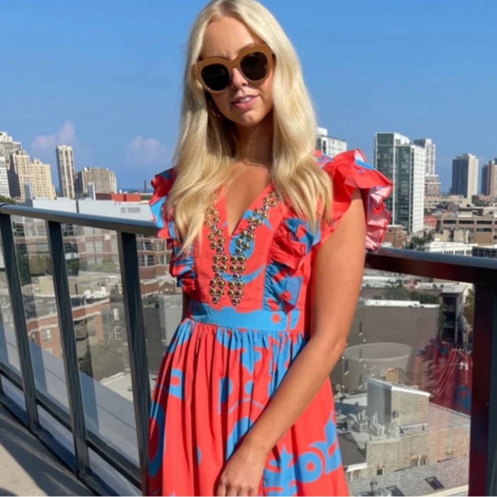 Elegant Red and Blue Maxi Dress NWT